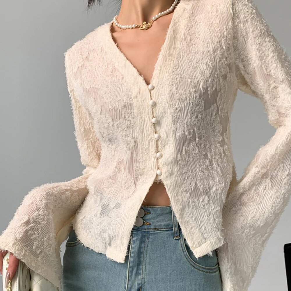 BRAND NEW WITH TAGS NWT Commense Semi-Sheer V-Neck Ruffle Long Sleeve Blouse L